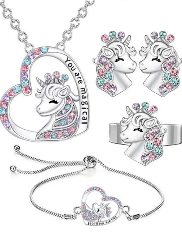 Rhinestone Unicorn & Heart Shaped Jewelry Set, Pendant Necklace Bracelet Earrings Bangle (5counts set), Fashion Jewelry for Party, Daily, Birthday Gift