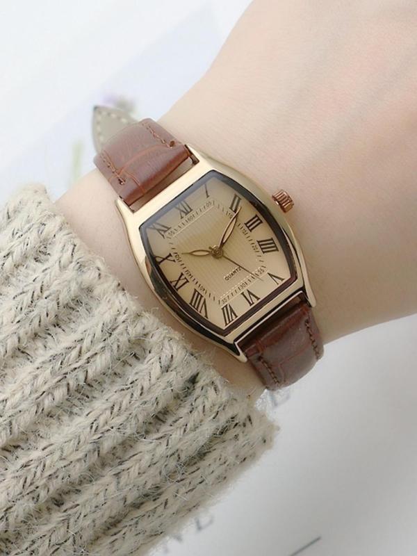 Women's Elegant Geometric Dial Quartz Watch, Fashionable Wristwatch with Pu Leather Strap, Trendy Watch for Women As Gift without Box