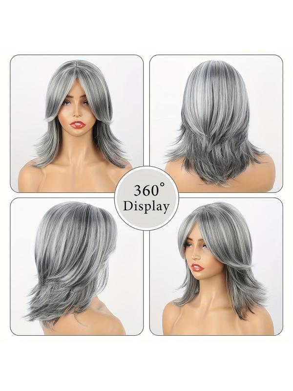 Grey Layered Wig, Natural Wave Hair Wig with Curtain Bangs, Black and Grey Shoulder Length Layered Wig for Women, Heat Resistant Fiber Synthetic Hair Wig