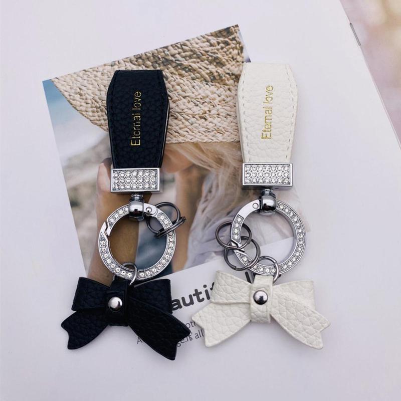 Premium PU Leather Bowknot Decor Car Keychain, Fashion Car Key Ring with Bow Decor, Exquisite Car Keychain for Women & Girls