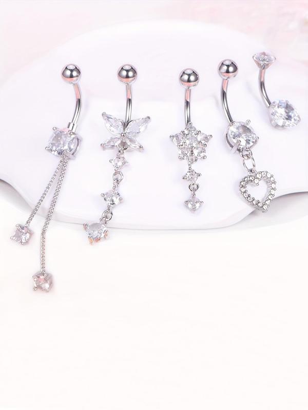 Goth Style Rhinestone Decorated Navel Belly Piercing Ring, Heart Shaped Butterfly Flower Pendant Navel Ring for Women & Girls Back To School, Clean Girl Jewelry Sets for Women