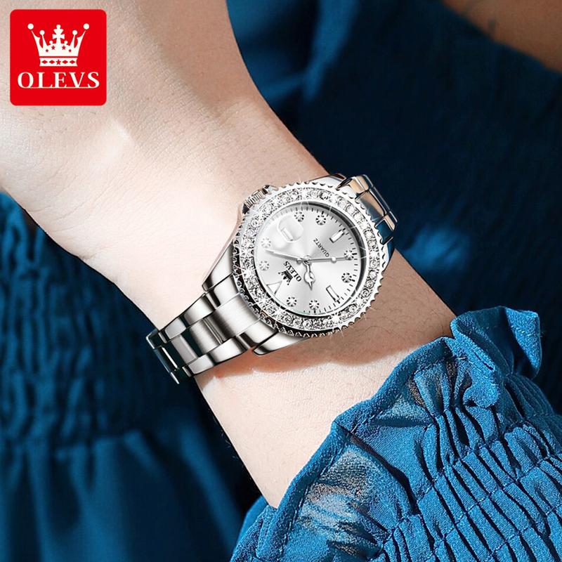 OLEVS Original Diamond Dial Quartz Watch for Women Fashion Elegant Ladies Watches Stainless Steel Waterproof Women's Wristwatch