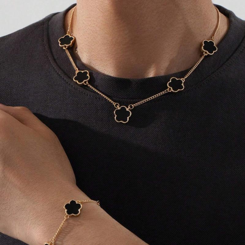 Men's Lucky Clover Pendant Necklace with Chain and Bracelet Set - Fashionable Business Style