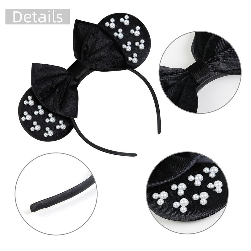 Mouse Ears Headbands for Women Black Bow Pearl Hairbands Velvet Headband Christmas Cosplay Costume Princess Party Decorations