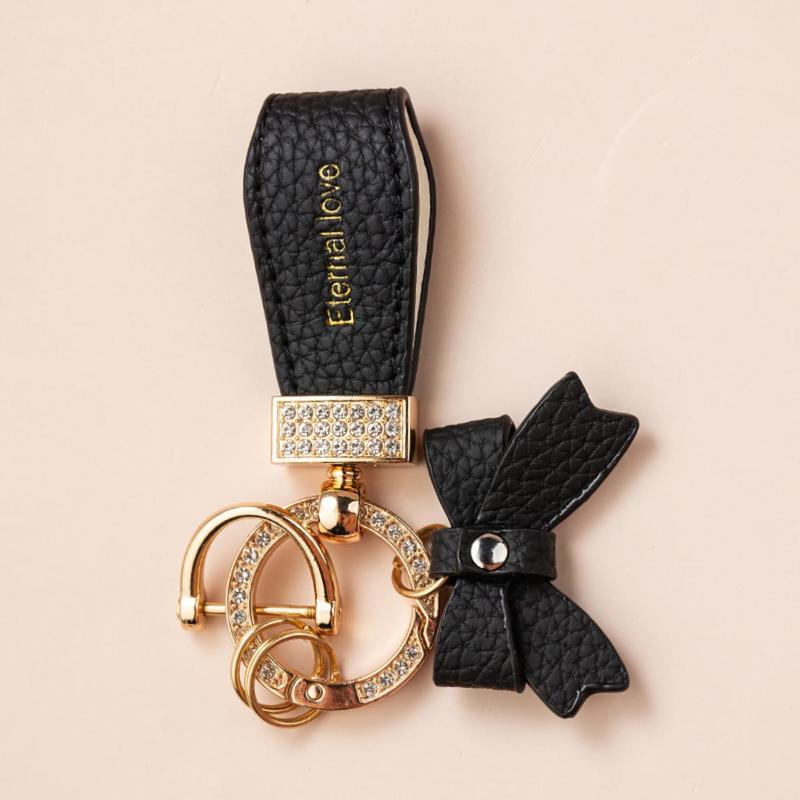 Premium PU Leather Bowknot Decor Car Keychain, Fashion Car Key Ring with Bow Decor, Exquisite Car Keychain for Women & Girls