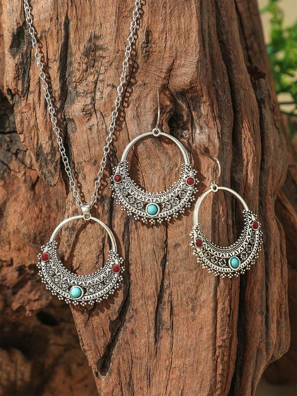 Boho Style Turquoise Decor Jewelry Set, 36pcs Jewelry Set, Vintage Pendant Necklace & Dangle Earrings, Fashion Jewelry Accessories for Women As Gift