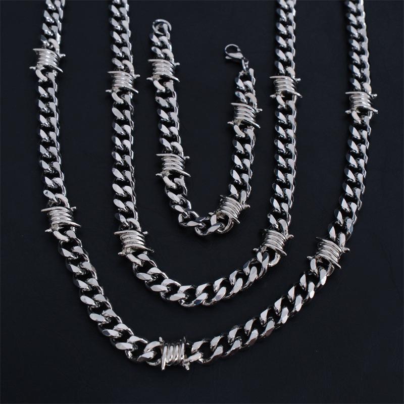 Barbed Wire Cuban Link Wallet Chain + Bracelet Stainless Steel For Men And Women