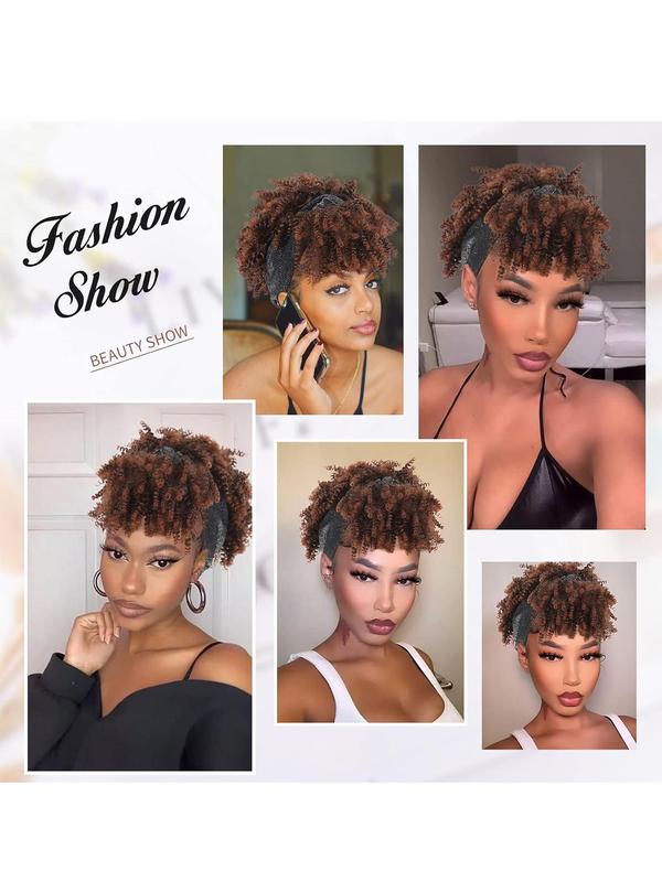 8 Inch Brown Short Curly Wigs with Headband, Glueless Wigs for Afro Hairstyles Ideas, Afro Wigs for Black Women, Gorgeous Fluffy Wigs with Bangs, Synthetic Full Machine Wigs for Party, Daily, Wigs for Women