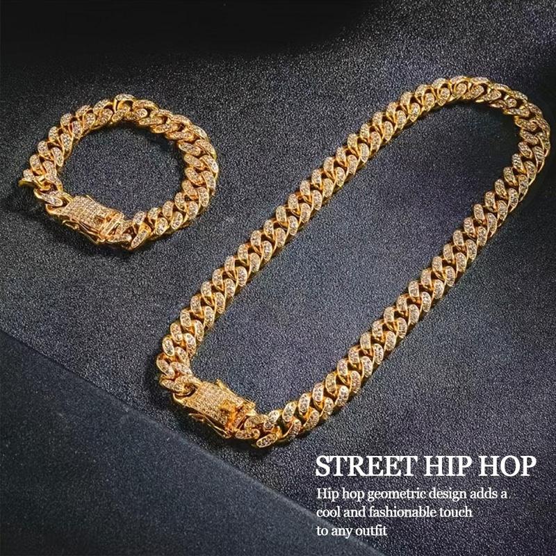 Hip Hop Geometric Cuban Chain Neckiace Fashionable High Quality Hip Hop Rhinestone Neckiace Bracelet Jewelry Gifts