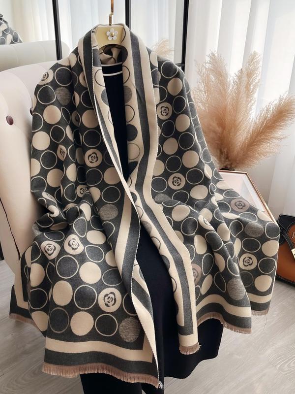 Women's Geometric Print Double Sided Shawl, Casual Soft Warm Long Scarf for Fall & Winter, Fashion Accessories for Daily Wear