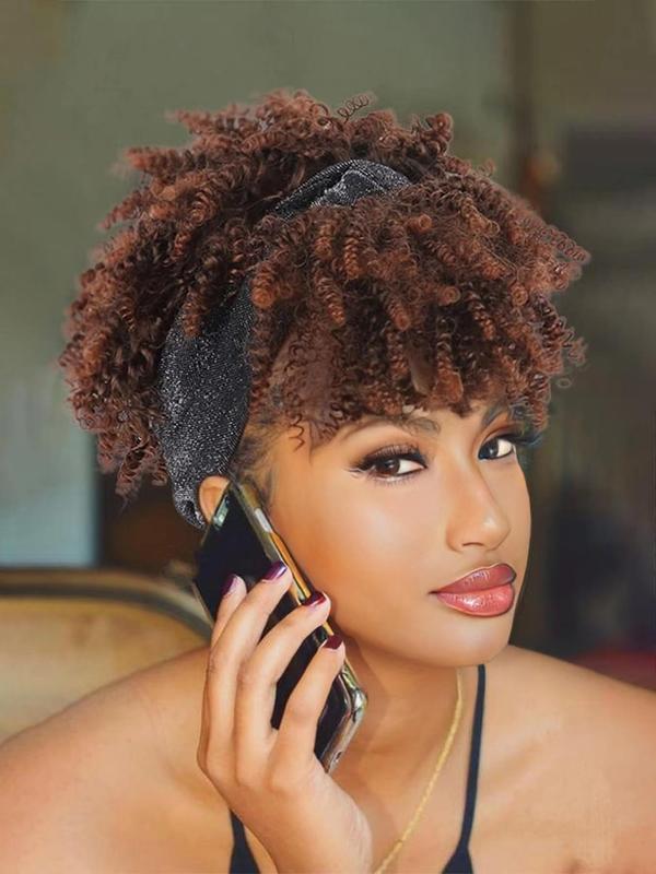 8 Inch Brown Short Curly Wigs with Headband, Glueless Wigs for Afro Hairstyles Ideas, Afro Wigs for Black Women, Gorgeous Fluffy Wigs with Bangs, Synthetic Full Machine Wigs for Party, Daily, Wigs for Women