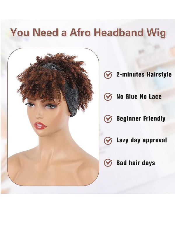 8 Inch Brown Short Curly Wigs with Headband, Glueless Wigs for Afro Hairstyles Ideas, Afro Wigs for Black Women, Gorgeous Fluffy Wigs with Bangs, Synthetic Full Machine Wigs for Party, Daily, Wigs for Women