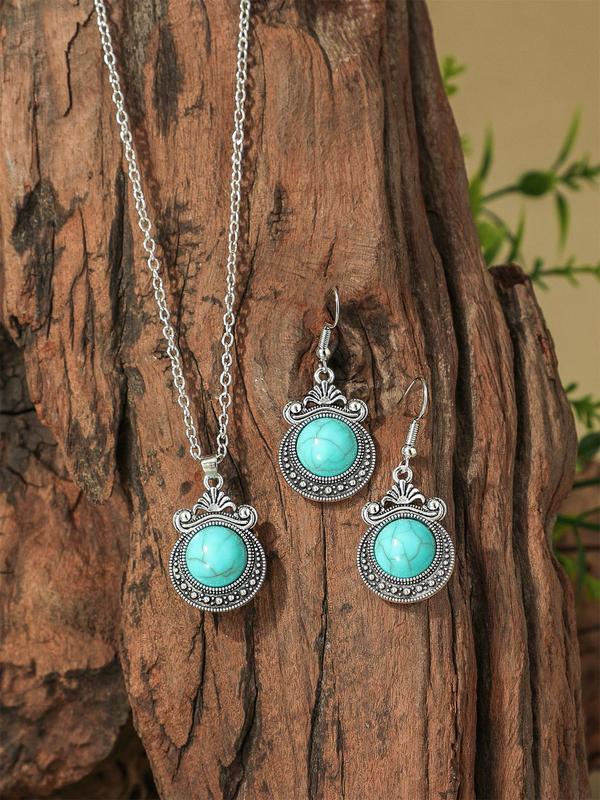 Boho Style Turquoise Decor Jewelry Set, 36pcs Jewelry Set, Vintage Pendant Necklace & Dangle Earrings, Fashion Jewelry Accessories for Women As Gift