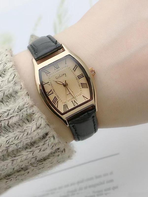 Women's Elegant Geometric Dial Quartz Watch, Fashionable Wristwatch with Pu Leather Strap, Trendy Watch for Women As Gift without Box