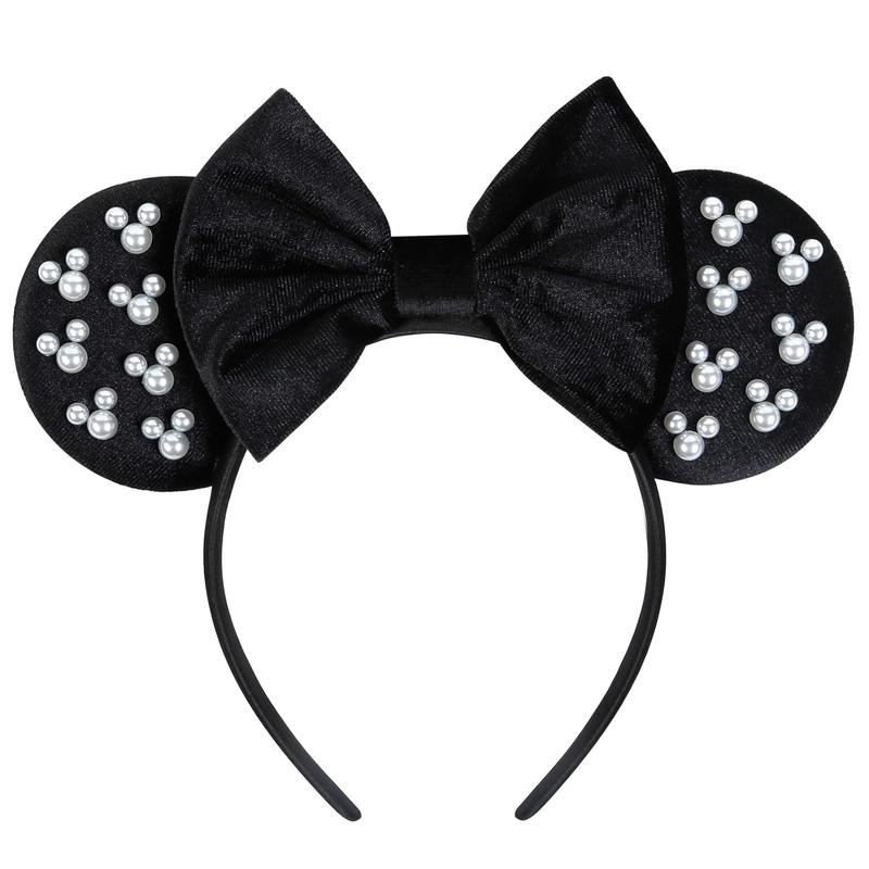 Mouse Ears Headbands for Women Black Bow Pearl Hairbands Velvet Headband Christmas Cosplay Costume Princess Party Decorations