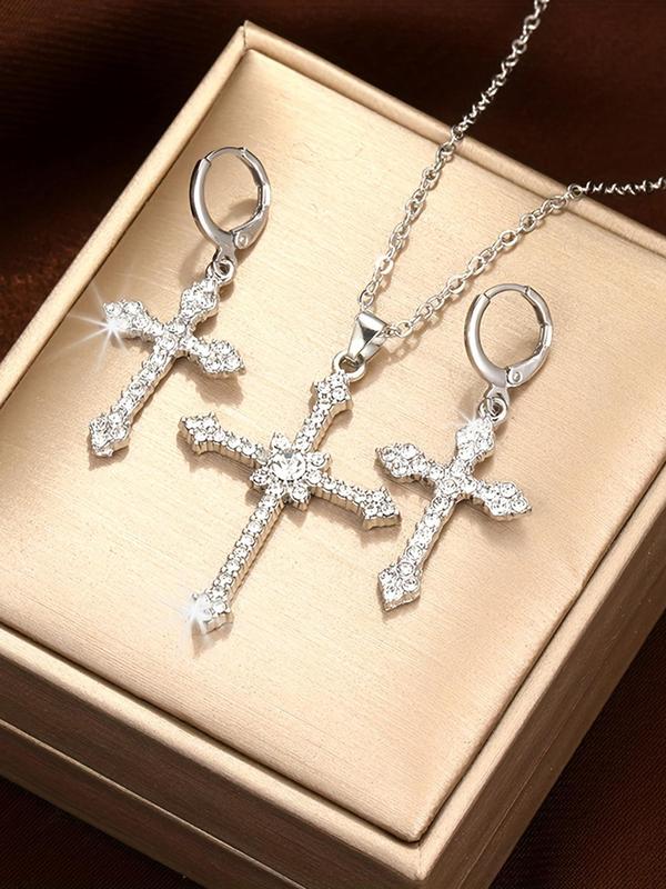 3pcs set Rhinestone Cross Pendant Necklace & Dangle Earrings, Elegant Jewelry Set For Party, Daily Clothing Decor For Girl