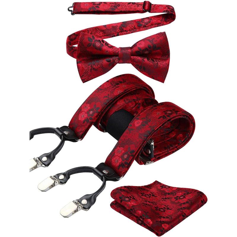 Suspenders for Men Paisley Floral Bow tie Suspender Pocket Square Sets Adjustable Y Shape 6 Clips Wedding Braces