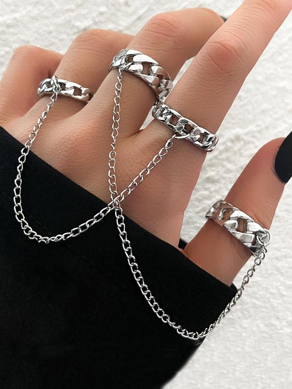 2pcs Hollow Out Punk Chain Decor Finger Ring, Simple Casual Jewelry For Party, Club, Zinc Alloy Fashion Accessories For Both Men & Women