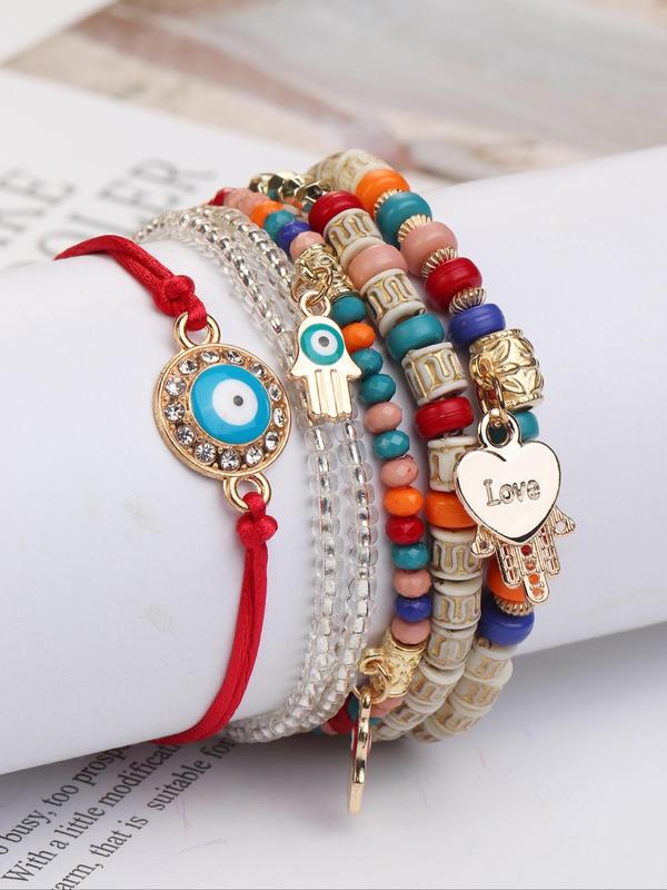 Evil Eye Bracelet & Heart & Hand Charm Bracelets for Women, 6pcs Vintage Boho Mexican Matching Bracelet for Girlfriend, Vintage Retro Jewelry for Beach Party