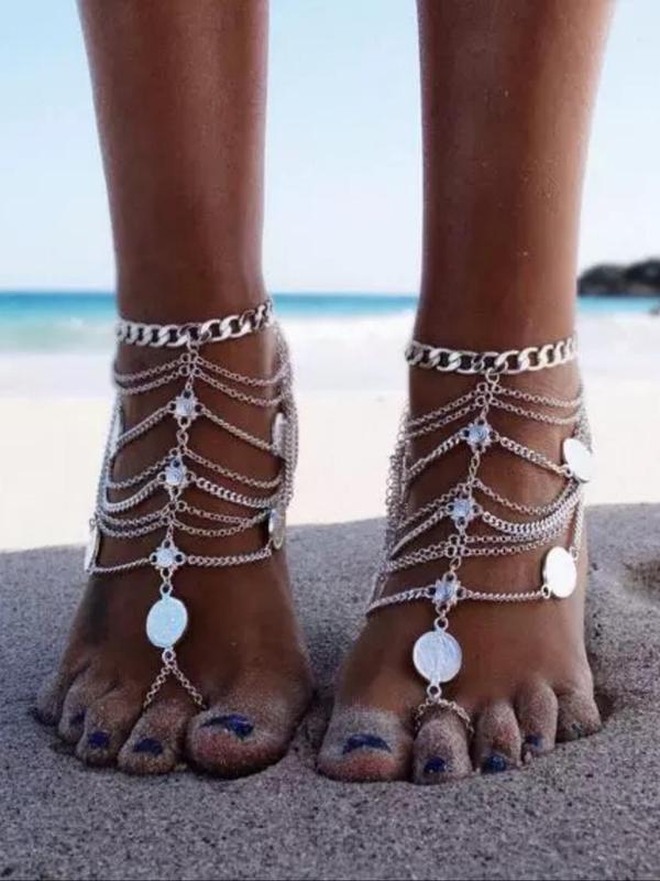 Women's Boho Style Layered Mitten Anklet, Trendy Vintage Romantic Tassel Design Anklet, Chic Body Jewelry As Gift for Girlfriend