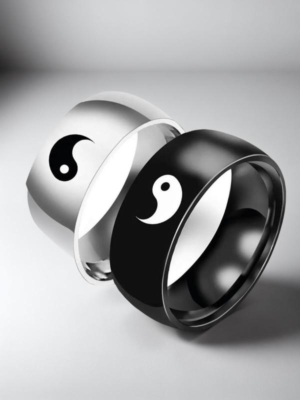 2pcs set Simple Yinyang Design Stainless Steel Ring, Casual Matching Couple Ring, Fashion Jewelry Accessories for Men & Women