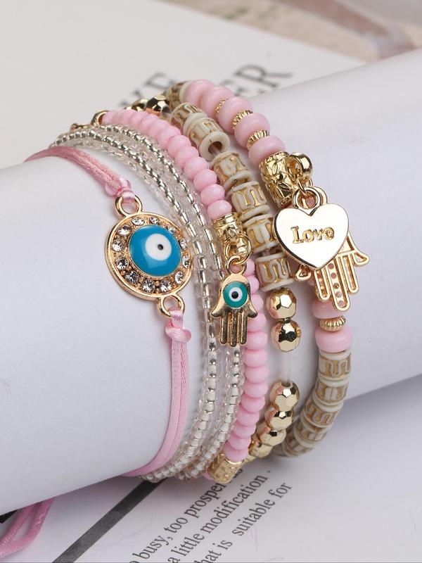 Evil Eye Bracelet & Heart & Hand Charm Bracelets for Women, 6pcs Vintage Boho Mexican Matching Bracelet for Girlfriend, Vintage Retro Jewelry for Beach Party