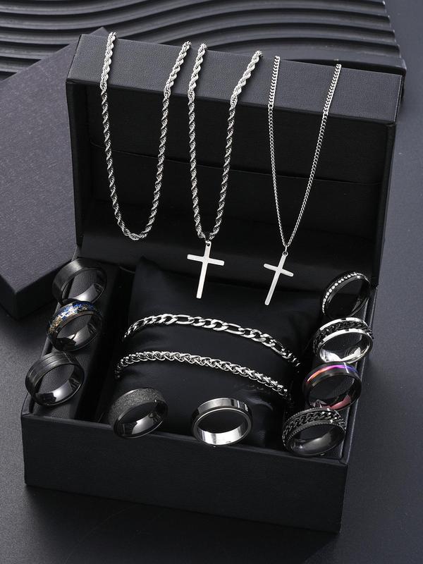 Punk Style Stainless Steel Jewelry Set (14pcs), Fashion Cross Pendant Necklace Chain Bracelet Ring Jewelry for Party, Daily Clothing Decor, Trendy All-match & Exquisite Jewelry for Birthday Gift