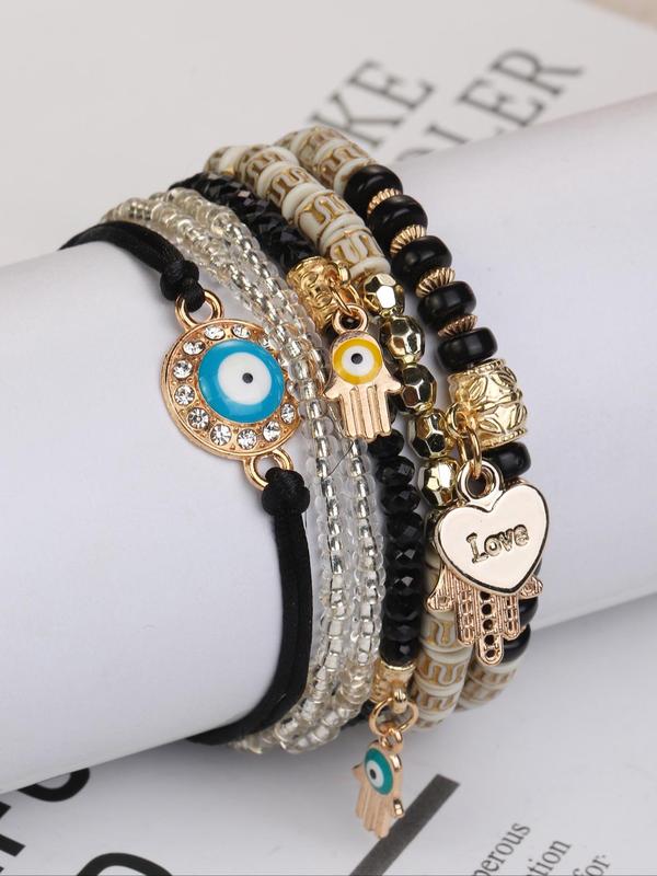 Evil Eye Bracelet & Heart & Hand Charm Bracelets for Women, 6pcs Vintage Boho Mexican Matching Bracelet for Girlfriend, Vintage Retro Jewelry for Beach Party