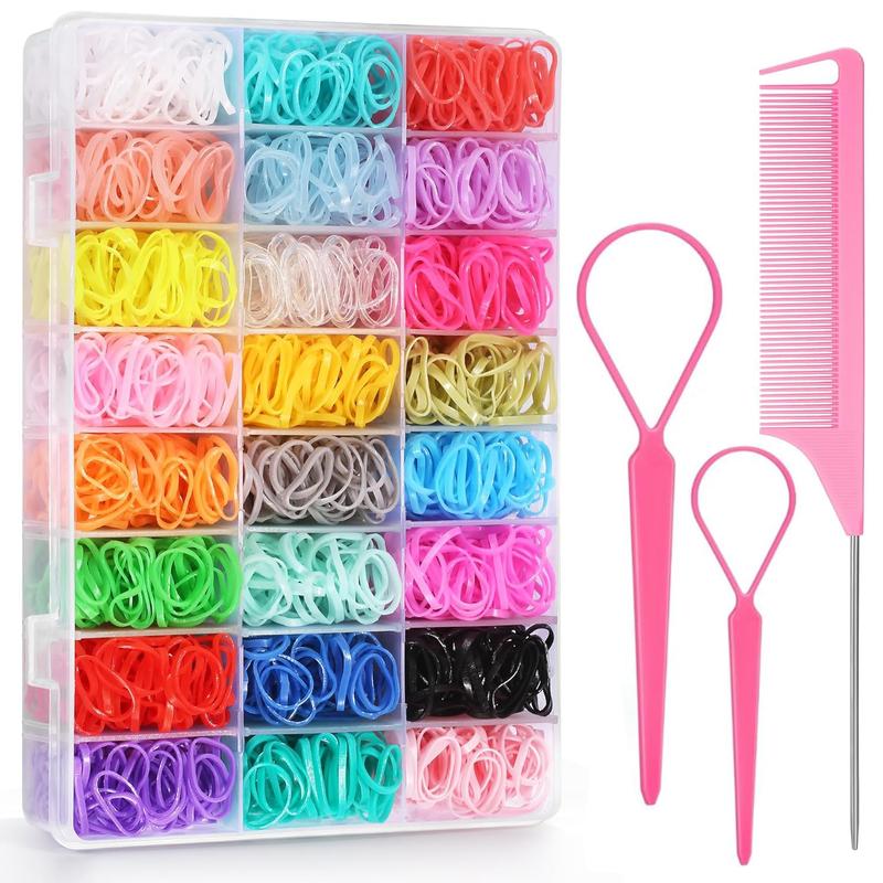 2000 pcs Mini Hair Rubber Bands ,  Elastic Hair Bands 24 Colors, with Organizer Box, Soft Small Girl Hair Ties, Colorful  Rubber Bands Set with Hair Tail Tools, Rat Tail Comb