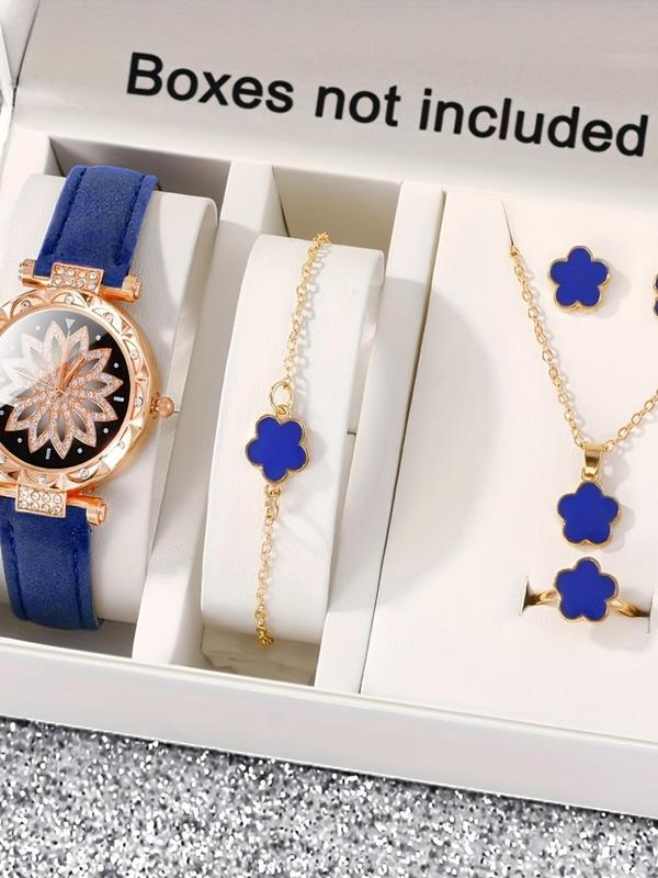 Women's Rhinestone Butterfly Decor Quartz Watch & Jewelry Set, Including Analog Watch & Flower Decor Necklace & Ring & Earrings & Bracelet, Perfect Gift for Women, without Box