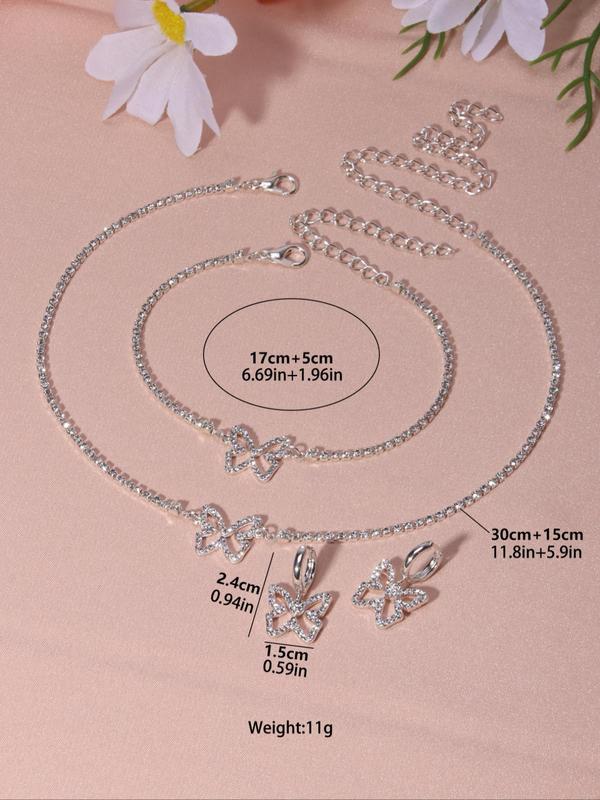 Women's Elegant Rhinestone Hollow Out Butterfly Decor Jewelry Set (4pcs set), Including Pendant Necklace & Chain Bracelet & Dangle Earrings, Chic Jewelry Set As Gift for Girlfriend