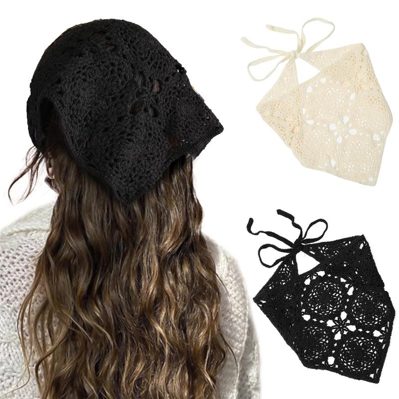 2-piece set Floral Crochet Bandana Head Kerchief Hair Scarf Knitted Hair Scarves Headscarf Tie Vintage Bandanas Headwrap Headband for Women And Girl