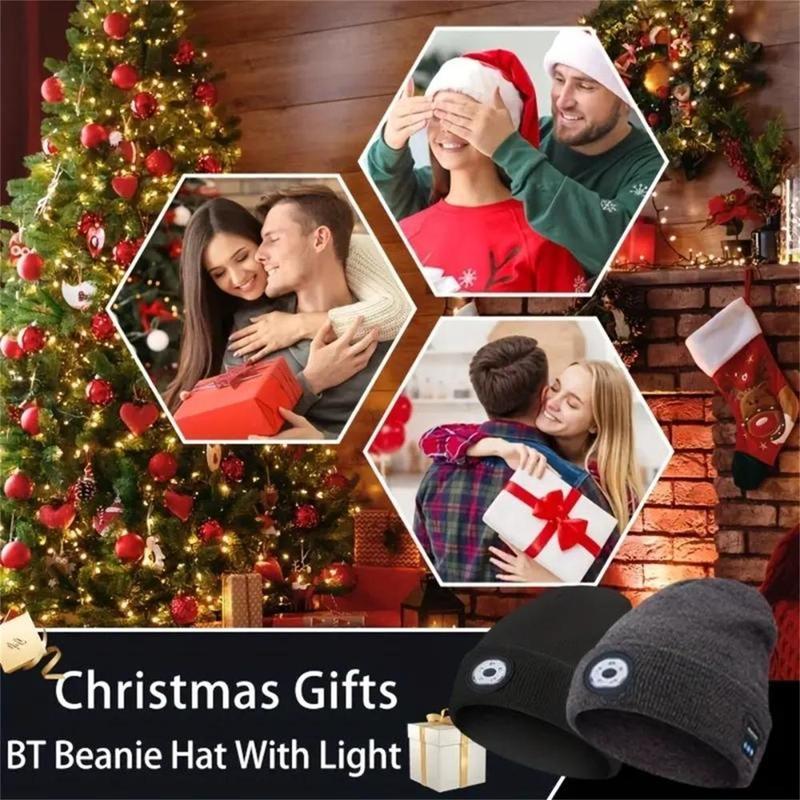 Bluetooth Beanie with Light, Unisex USB Rechargeable LED Fashlight Hat, Headlamp Cap with Headphones and Built-in Speaker Mic, Warm Knitted Cap Winter Hat, Unique Christmas Birthday Gifts for Men Women Teen Black