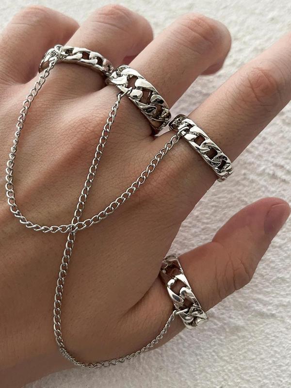 2pcs Hollow Out Punk Chain Decor Finger Ring, Simple Casual Jewelry For Party, Club, Zinc Alloy Fashion Accessories For Both Men & Women