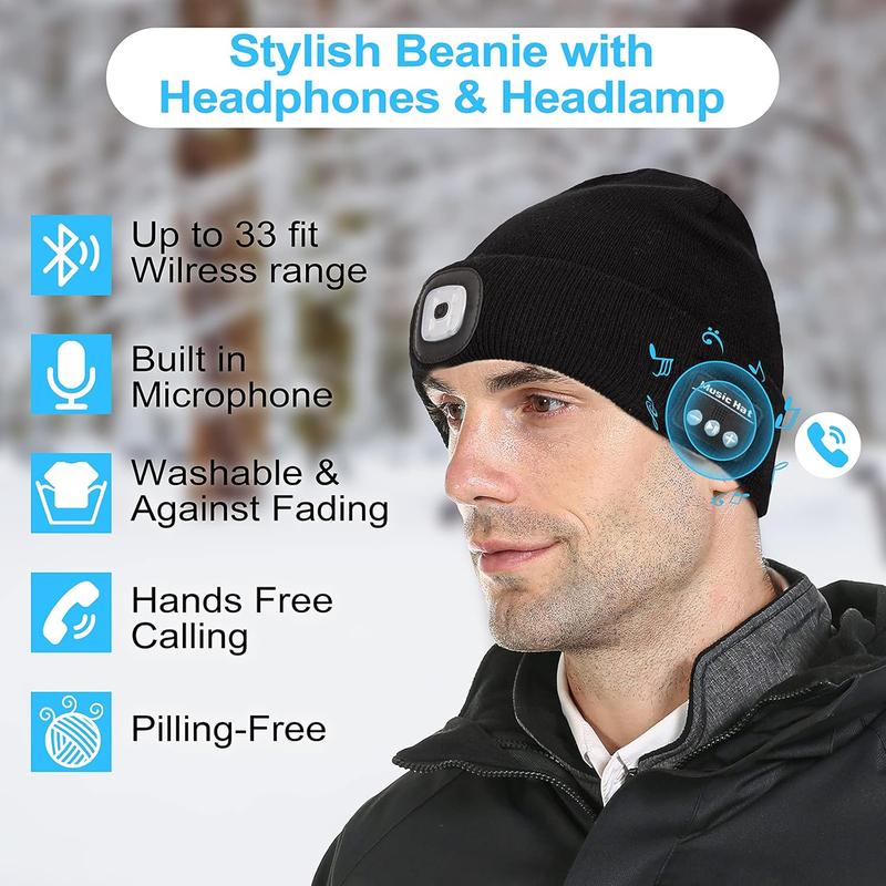 Bluetooth Beanie with Light, Unisex USB Rechargeable LED Fashlight Hat, Headlamp Cap with Headphones and Built-in Speaker Mic, Warm Knitted Cap Winter Hat, Unique Christmas Birthday Gifts for Men Women Teen Black