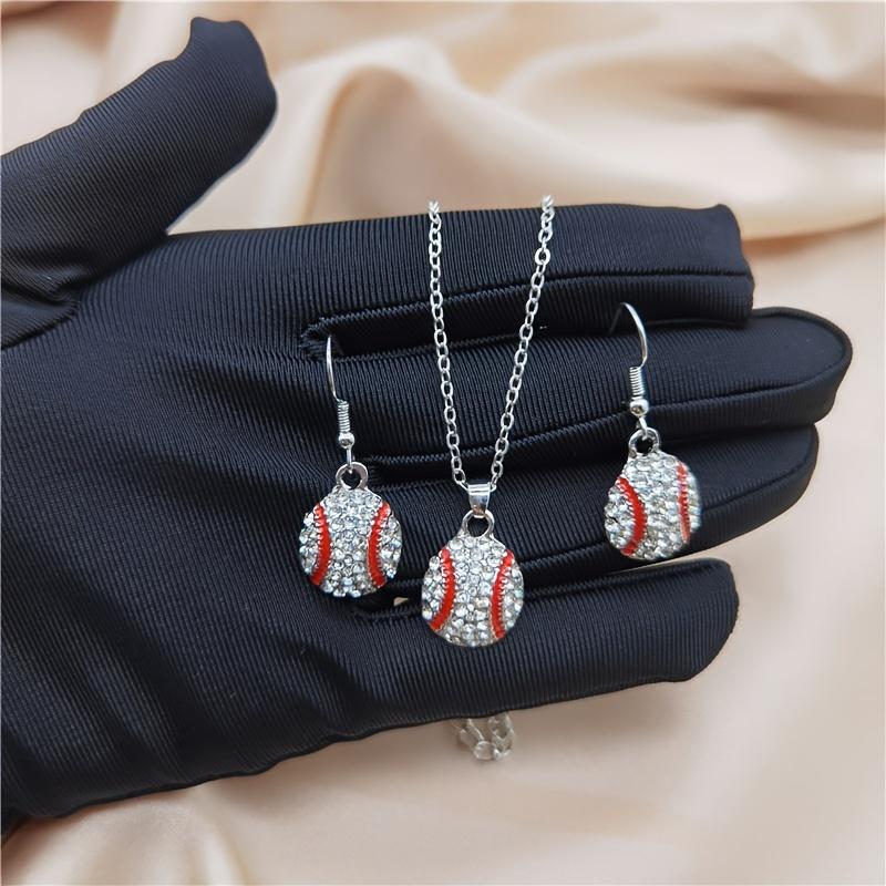 3pcs Silver Plated Earrings Plus Necklace Fashion Jewelry Set Inlaid Rhinestone Trendy Baseball Design