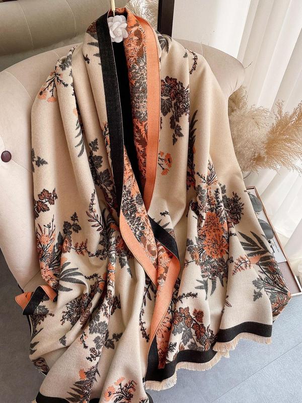 Boho Style Floral Pattern Double Sided Scarf, Casual Soft Warm Shawl for Women & Men, Fashion Accessories for Daily Wear