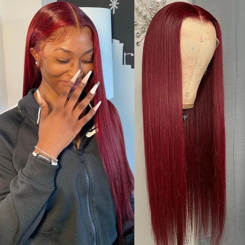 13x4 13x6 HD Lace Front Wig Human Hair Wigs 99J Red Burgundy Colored HD Transparent Pre Plucked Lace Frontal Human Hair Wigs Straight Buy 1  99J Wig Get 1 Pink Bag 1 HD Wig Cap 1 Brown Wig Cap and 1 Eyelashes