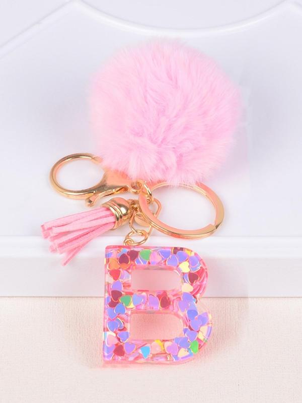 Glitter Letter Decor Keychain, Cute Soft Pom Pom Resin Key Chain Ring, Bag Backpack Charm, Car Hanging Pendant, Women Daily Use Gift