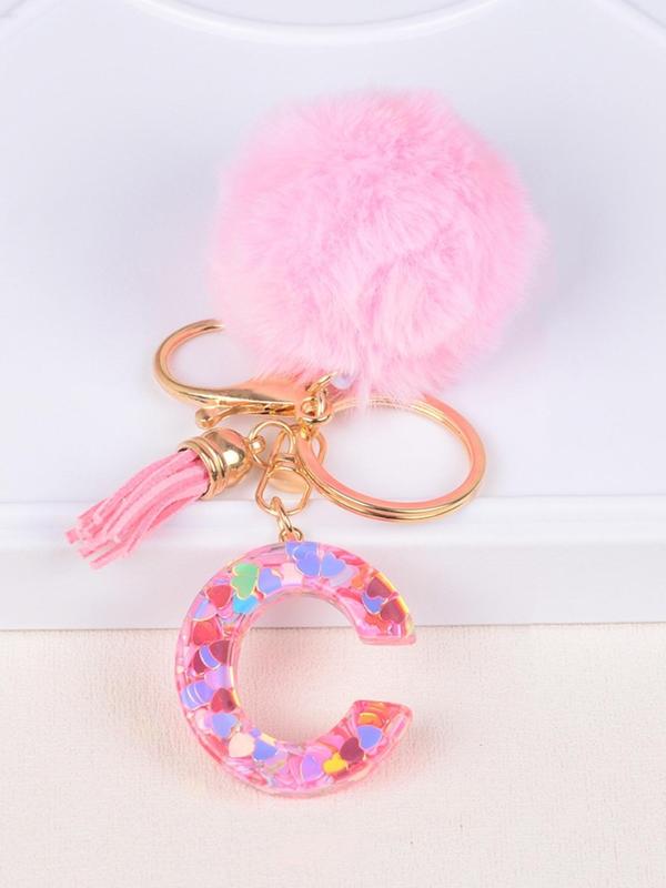 Glitter Letter Decor Keychain, Cute Soft Pom Pom Resin Key Chain Ring, Bag Backpack Charm, Car Hanging Pendant, Women Daily Use Gift