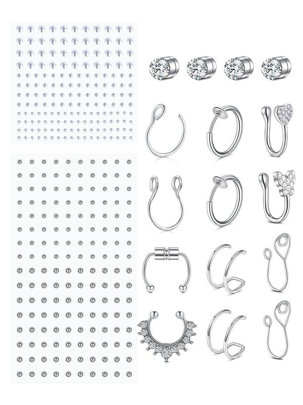 Fake Eyebrow Studs, Fake Lip Studs, Magnetic Nose Ring, Stainless Steel Studs, Rhinestone Stickers, Personality Body No Piercing Jewelry