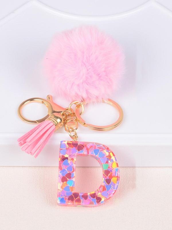 Glitter Letter Decor Keychain, Cute Soft Pom Pom Resin Key Chain Ring, Bag Backpack Charm, Car Hanging Pendant, Women Daily Use Gift