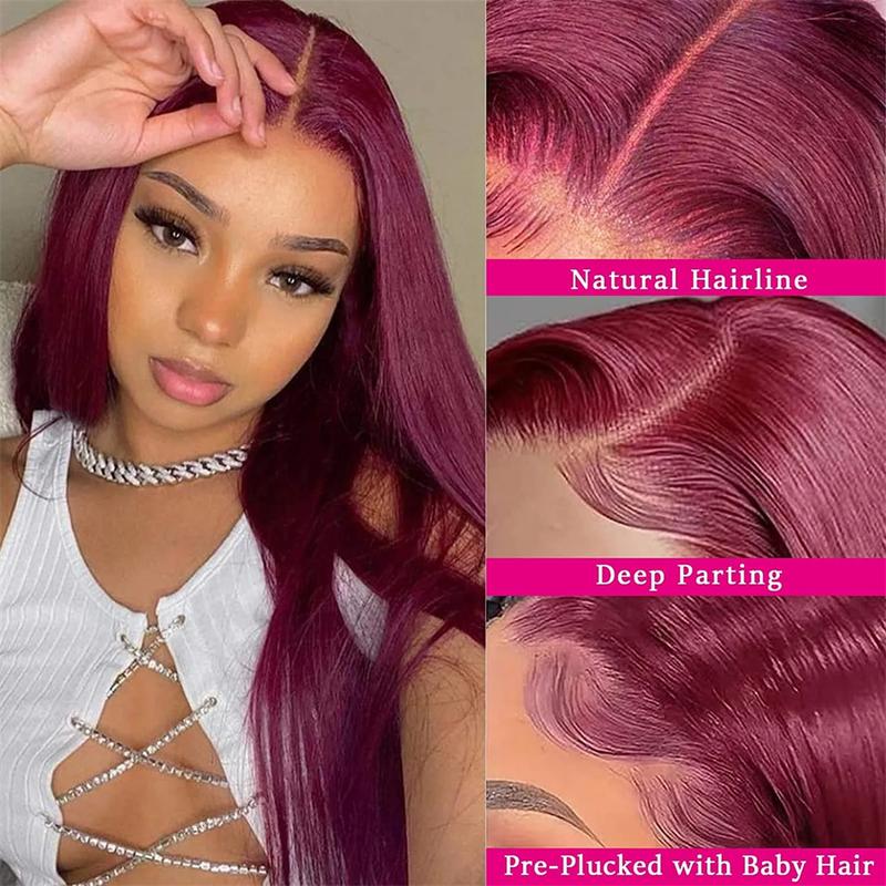 13x4 13x6 HD Lace Front Wig Human Hair Wigs 99J Red Burgundy Colored HD Transparent Pre Plucked Lace Frontal Human Hair Wigs Straight Buy 1  99J Wig Get 1 Pink Bag 1 HD Wig Cap 1 Brown Wig Cap and 1 Eyelashes