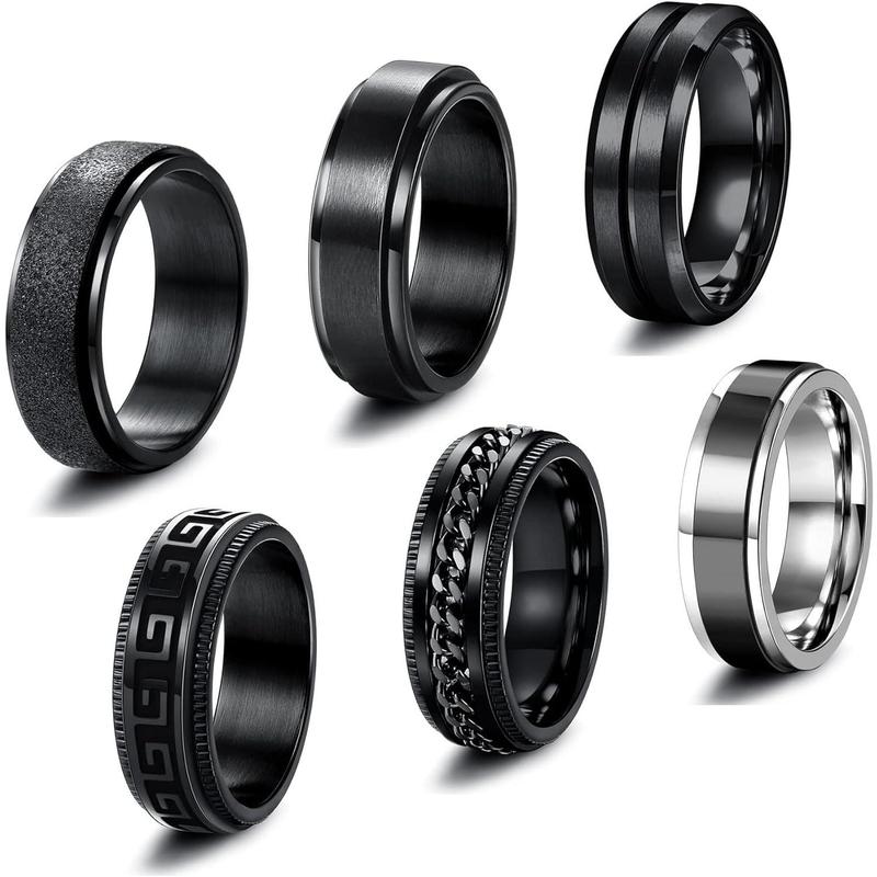 FLORIDECO 6 Pcs Stainless Steel Mens Rings Twisted Chain Rings Spinner Rings 8MM Black Cool Celtic Vintage Rings Wedding Promise Black Band Ring Set for Men Size N1 2-Z1 2 Daily