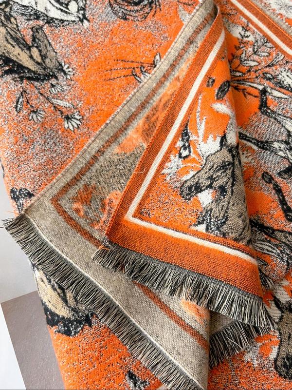 Horse Pattern Tassel Decor Scarf, Casual Soft Warm Thickened Shawl for Fall & Winter, Fashion Accessories for Women & Men