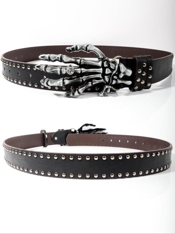 Unisex Skeleton Hand Design Rivet Decor Belt for Summer Use, Designer Belt, Punk Style PU Buckle Belt for Summer Vacation Holiday Party Gift, Fashion Accessories for Men & Women