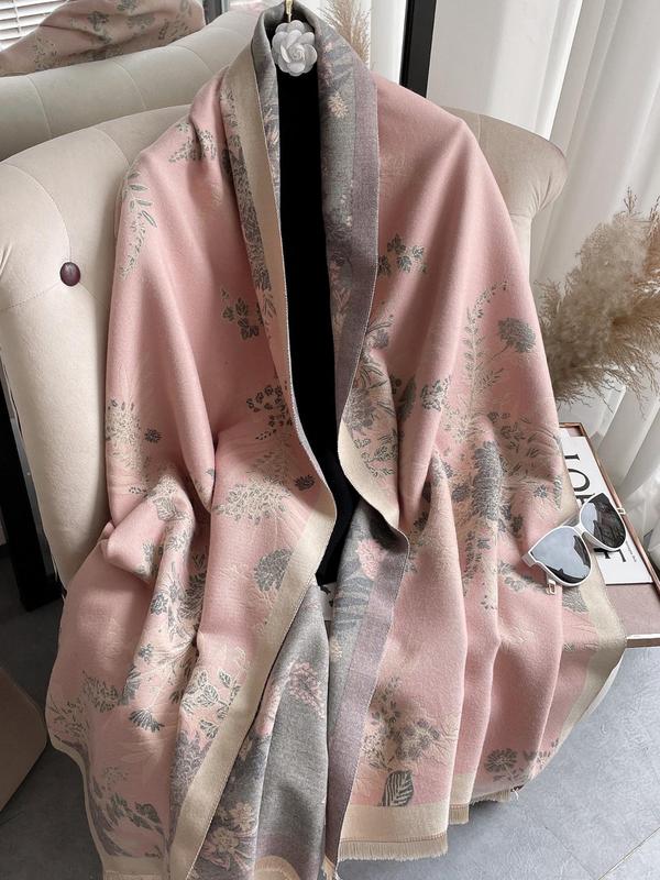 Boho Style Floral Pattern Double Sided Scarf, Casual Soft Warm Shawl for Women & Men, Fashion Accessories for Daily Wear