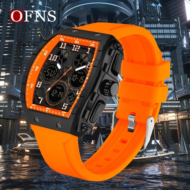 OFNS Men'S Fashionable Electronic Watch, Double Display, Bucket Shape, TPU Strap, 5ATM, Alarm Clock, Nightlight, Sports, Multi-Functional