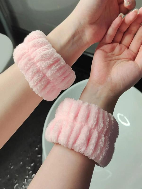 2pcs Set Microfiber Wrist Wash Band, Soft Spa Wrist Washband, Face Wash Wristband, Solid Color Wristband For Winter, Elastic Makeup Towel Wristbands For Women Girls