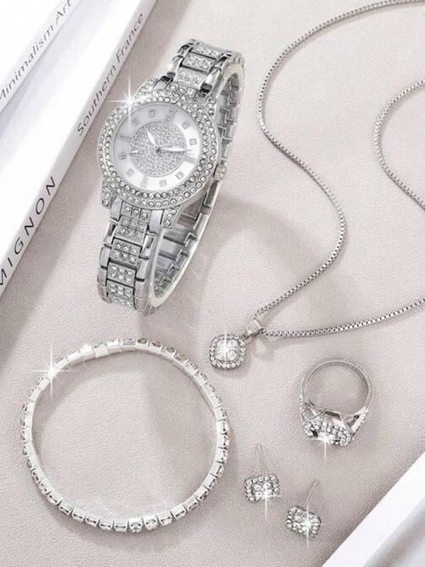 Women's Elegant Rhinestone Decor Quartz Watch & Jewelry Set, Including Round Dial Analog Watch & Bracelet & Necklace & Ring & Earrings, Fashion Watch Set for Party, Daily Decor